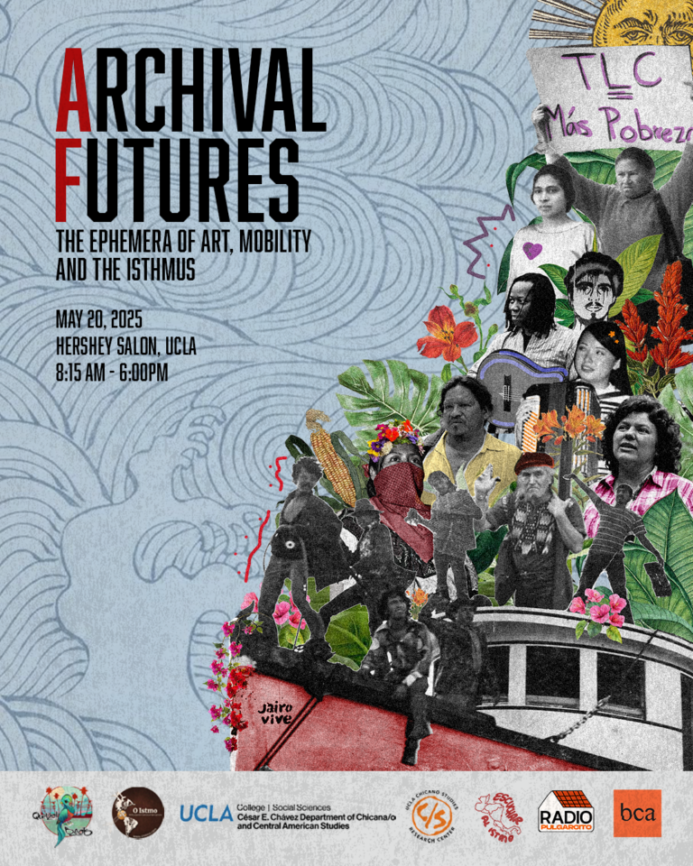Archival Futures light blue flyer with black and white archival images, colorful flowers, event details, and organization logos.