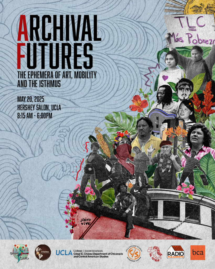Archival Futures light blue flyer with black and white archival images, colorful flowers, event details, and organization logos.