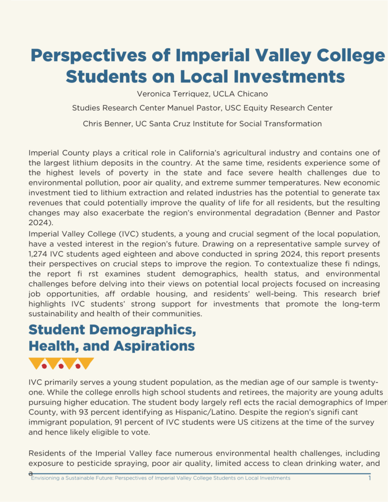 Research brief cover with a light yellow background and blue and black text about Imperial Valley College students’ health and aspirations.