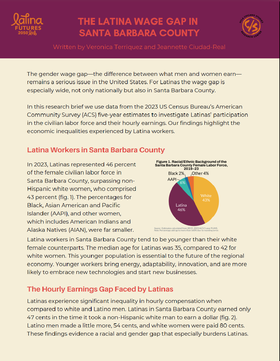 Research brief cover with yellow background and colorful pie chart showing racial and ethnic backgrounds of the Santa Barbara County female workforce.