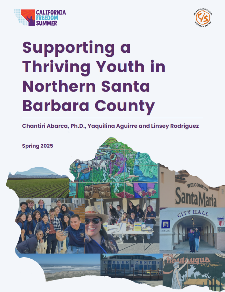 Report cover with photos of young people, farmland, murals, the beach, and Santa Maria City Hall, organized in the shape of Santa Barbara County.