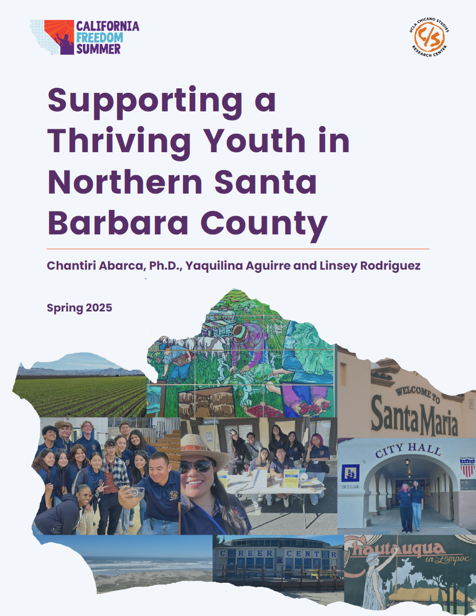 Report cover with photos of young people, farmland, murals, the beach, and Santa Maria City Hall, organized in the shape of Santa Barbara County.
