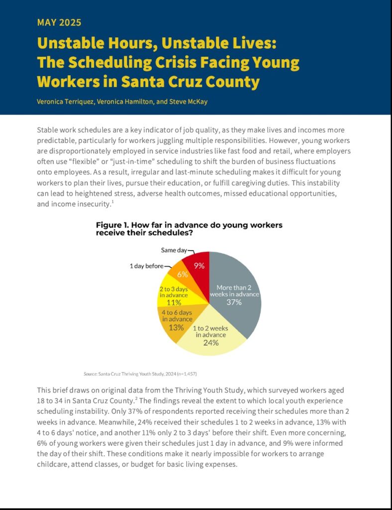 Research brief cover with white and dark blue background, text about the study, and a colorful pie chart showing workers schedule notice.