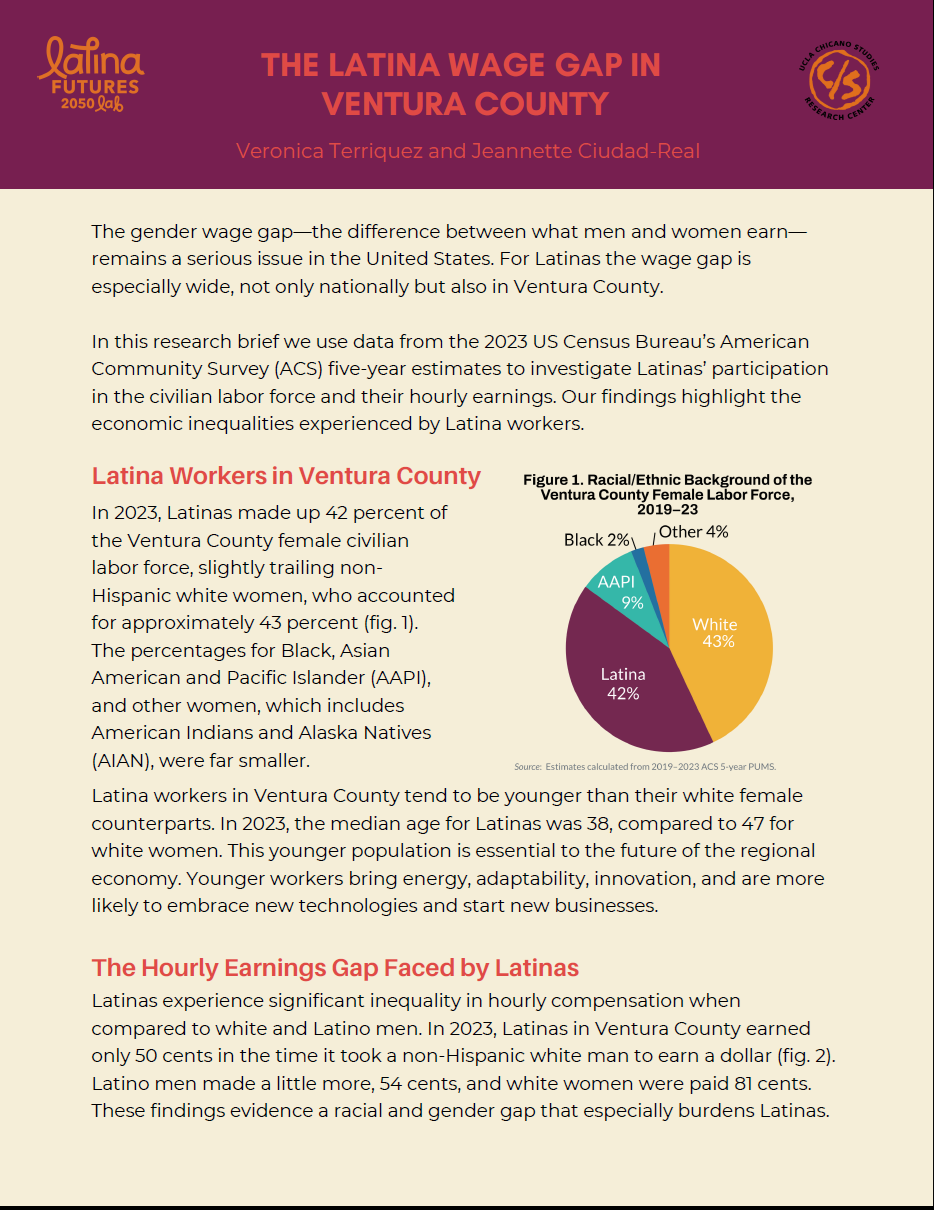 Research brief cover with yellow background and colorful pie chart showing racial and ethnic backgrounds of the Ventura County female workforce.