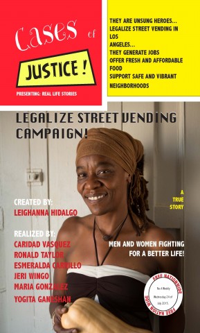 Red, yellow, and black exhibition flyer with photo of a smiling street vendor, with event information and organizer names.