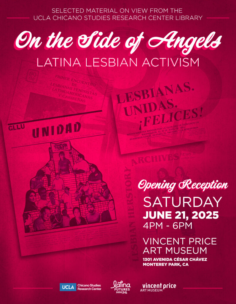 Pink "On the Side of Angels" exhibition flyer with archival images in the background and event details in white text.
