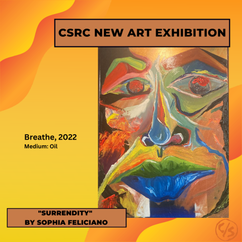 Orange and yellow exhibition flyer showing a colorful painting of a face with the Surrendity title and artist information.