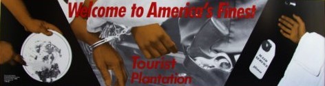Horizontal photo collage bus poster with hands washing dishes, opening a hotel room door, and in handcuffs, with the exhibition title in red text.