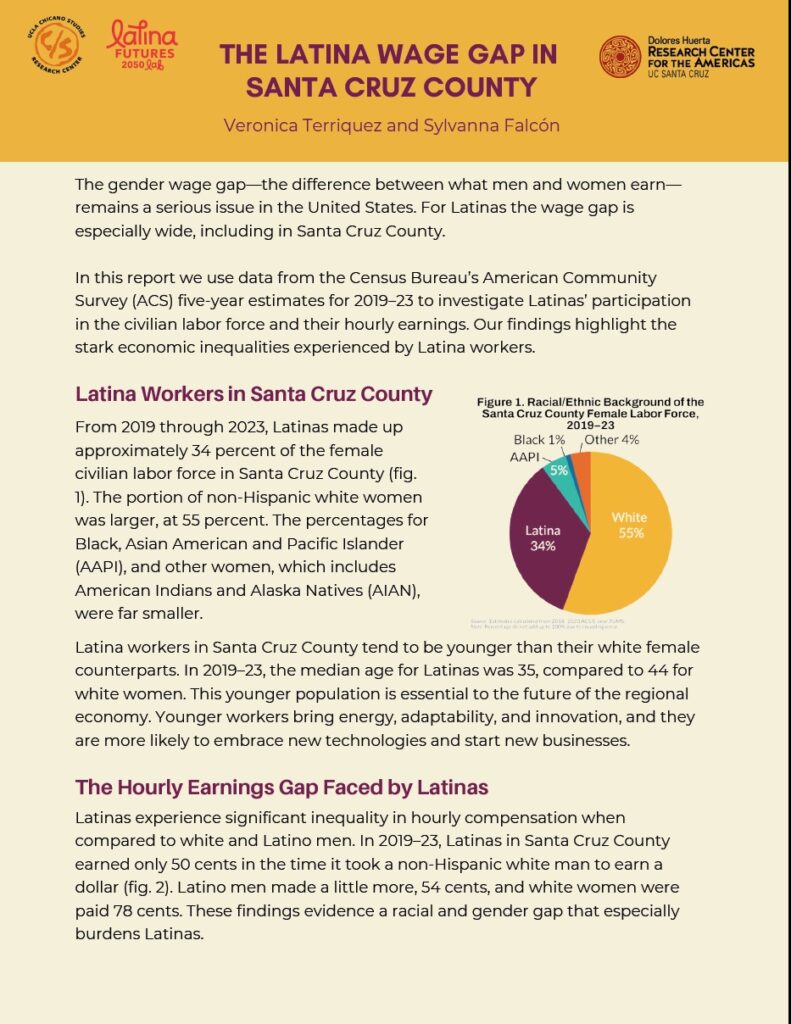Research brief cover with yellow background and colorful pie chart showing racial and ethnic backgrounds of the Santa Cruz County female workforce.