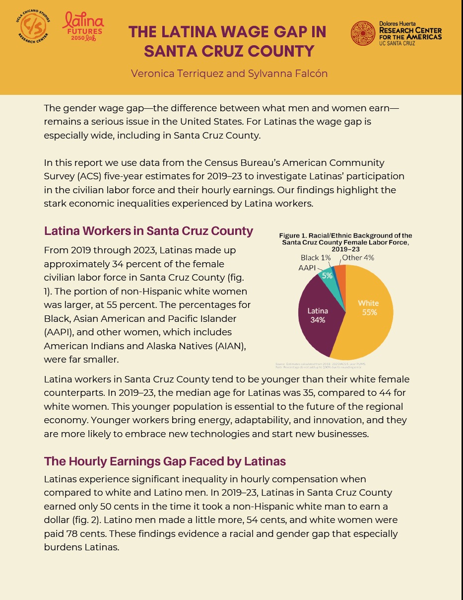 Research brief cover with yellow background and colorful pie chart showing racial and ethnic backgrounds of the Santa Cruz County female workforce.