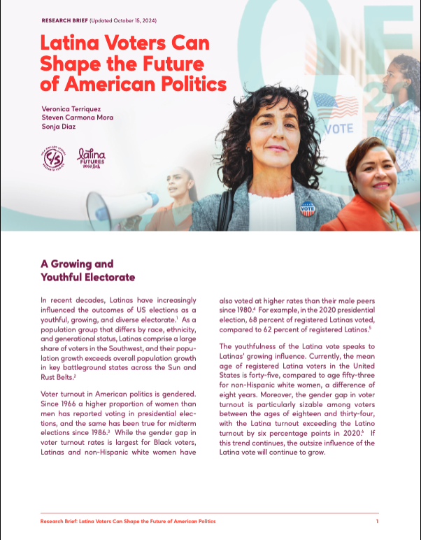 Light gray research brief cover with a photo collage of four women, including one wearing an "I Voted" sticker and another speaking into a megaphone.