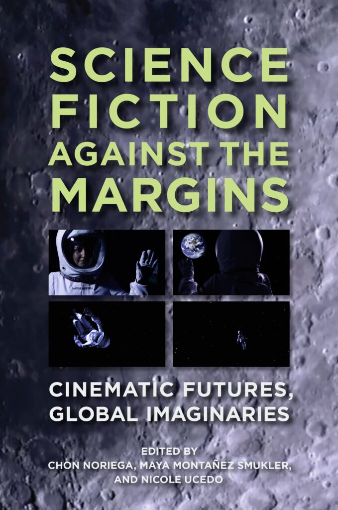 Gray book cover with a moon surface background, four film stills of astronauts, and title in green and white text.