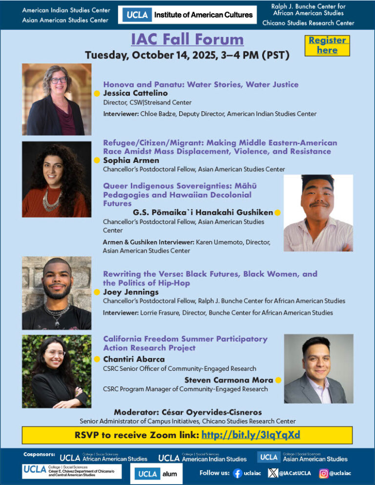 Light blue IAC Fall Forum flyer showing six speaker portraits including their name and title, and a RSVP zoom link.