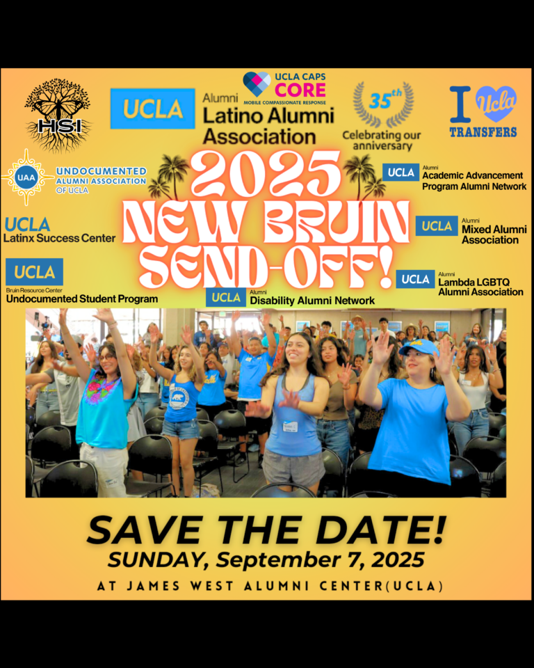 Yellow New Bruin Send-Off logo with an image of a group of students with their hands raised, event details in black text, and organization logos.