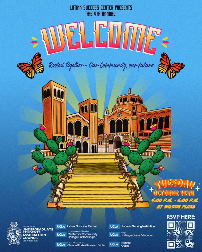 Bright blue Welcome event flyer showing an illustrated UCLA campus building, butterflies, cactus, event details, organization logos, and a QR code.