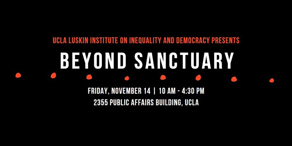 Black Beyond Sanctuary event flyer with large white text, orange accents, and the date, time, and location of the event.