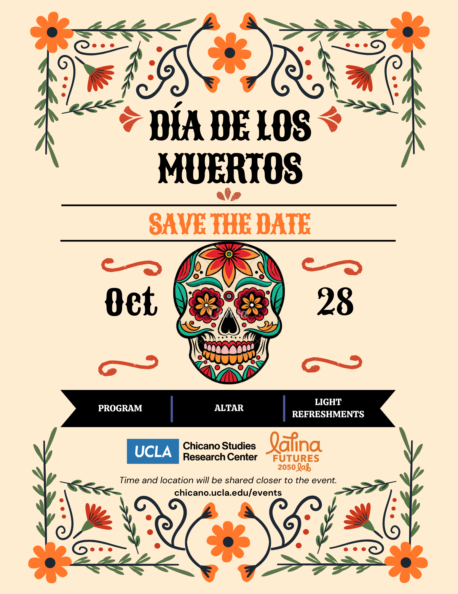 Día de los Muertos flyer with an illustration of a colorful sugar skull, orange flowers, and green leaves around the event date and title.