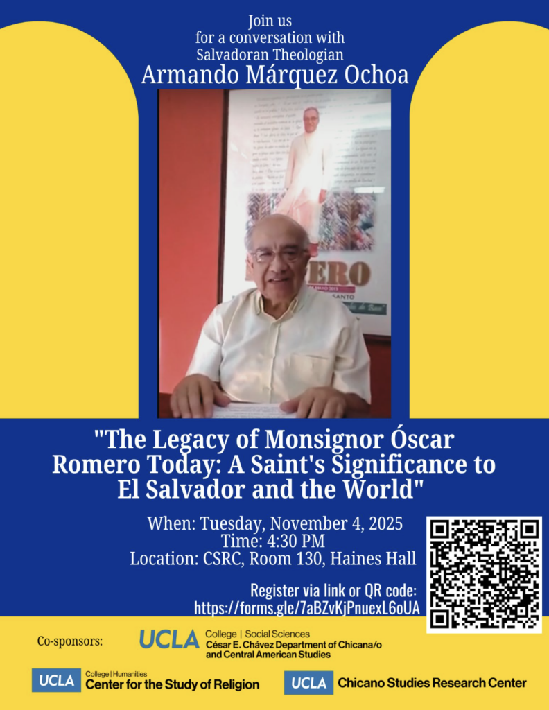 Blue and yellow event flyer showing Armando Márquez Ochoa's portrait, talk details, UCLA logos, and a QR code.