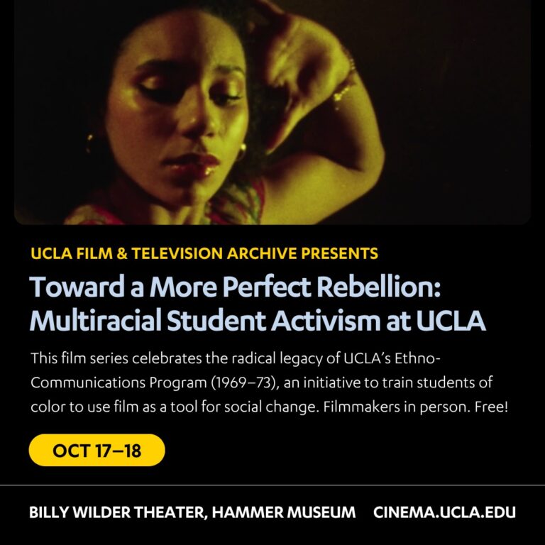 Film poster showing a woman resting her arm behind her head, with event details for Multiracial Student Activism at UCLA.
