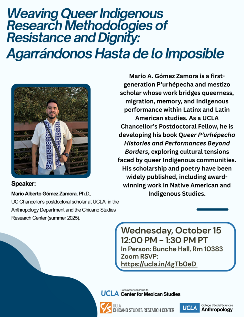 Light blue talk flyer showing Mario A. Gómez Zamora's portrait and details on queer Indigenous research.