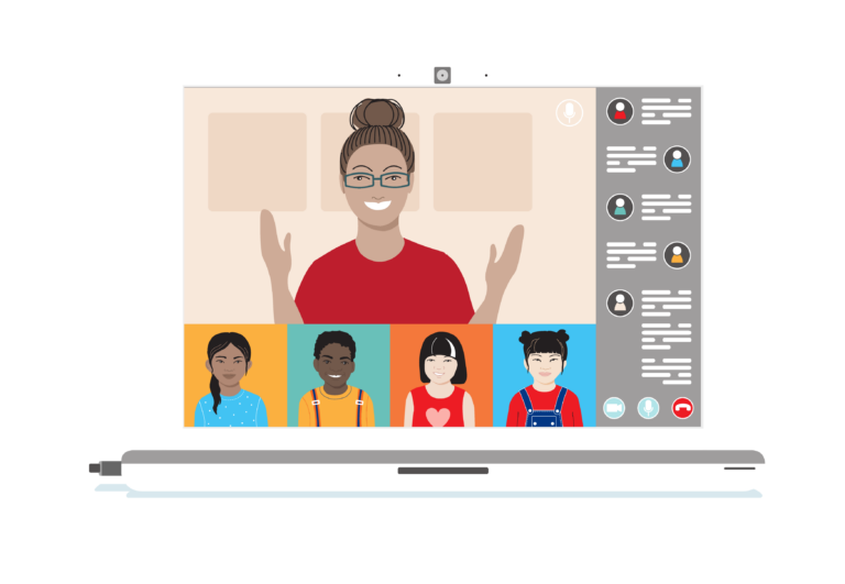 Illustration of an online class on a laptop screen with a teacher speaking to four students by video.