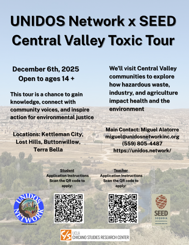 Central Valley Toxic Tour flyer with tour details over a faded outdoor landscape photo, and two QR codes.