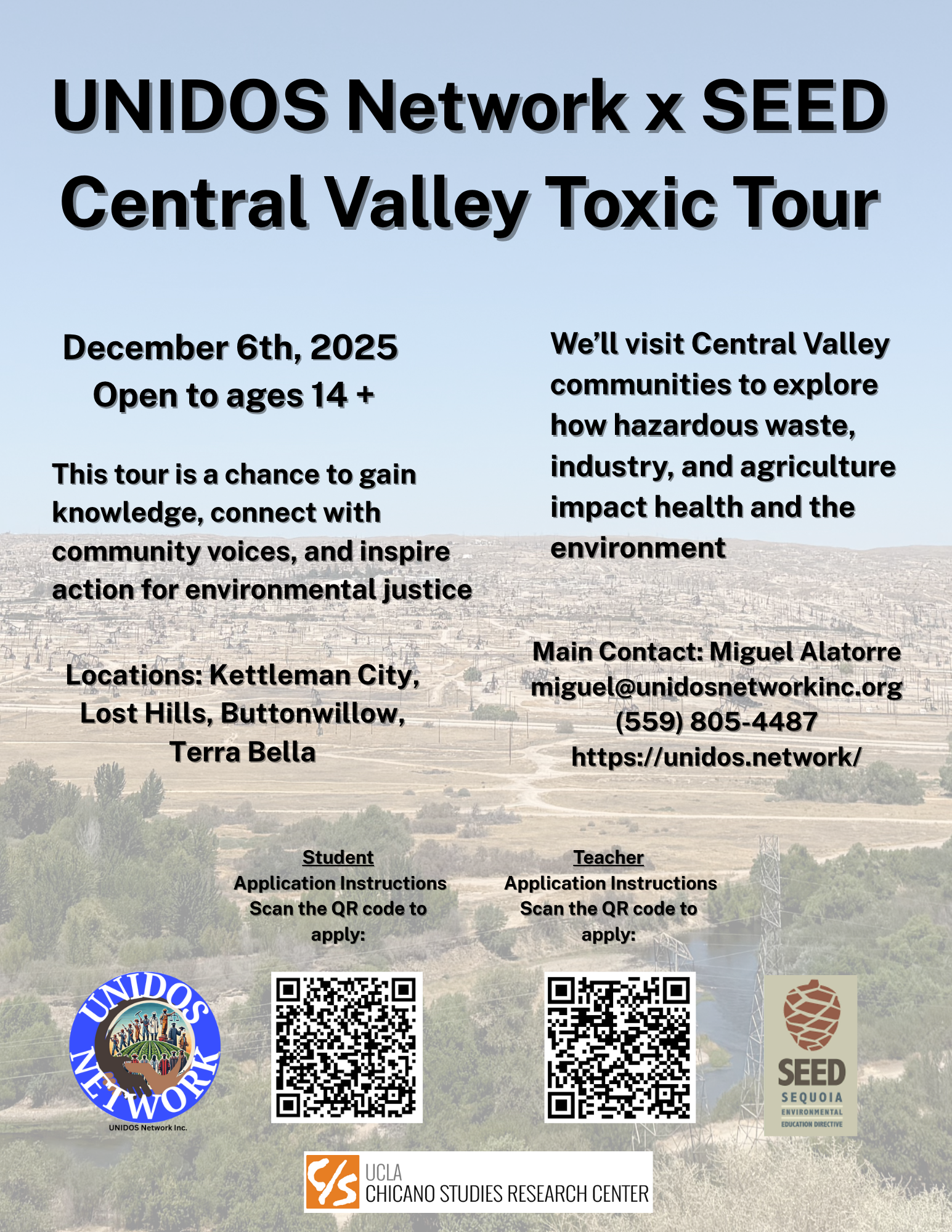 Central Valley Toxic Tour flyer with tour details over a faded outdoor landscape photo, and two QR codes.