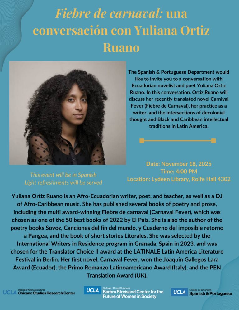 Blue event flyer with a portrait of Yuliana Ortiz Ruano, yellow text, and information about her conversation and book.