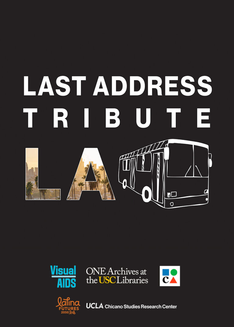 Last Address Tribute flyer with bold white lettering, a line drawing of a bus, and trees drawn inside the letters "LA".