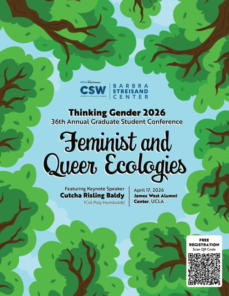 Thinking Gender 2026 flyer titled "Feminist and Queer Ecologies," with green tree and leaves illustrations, event details, and a QR code.