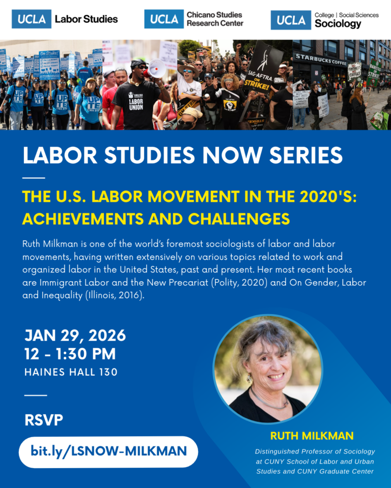 Labor Studies Now flyer showing photos of workers across the top, an image of speaker Ruth Milkman, and details about her talk.