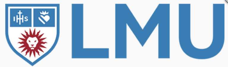LMU logo in large blue letters next to a shield with blue and red symbols on a white background.