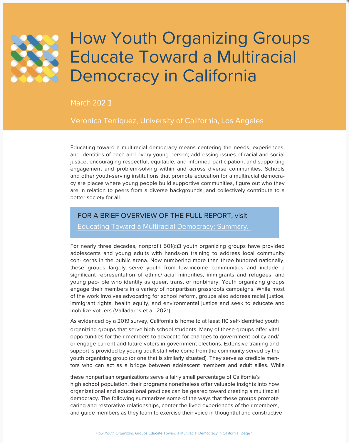 Orange and white research brief cover with blue text and a woven multicolor design, and report information.