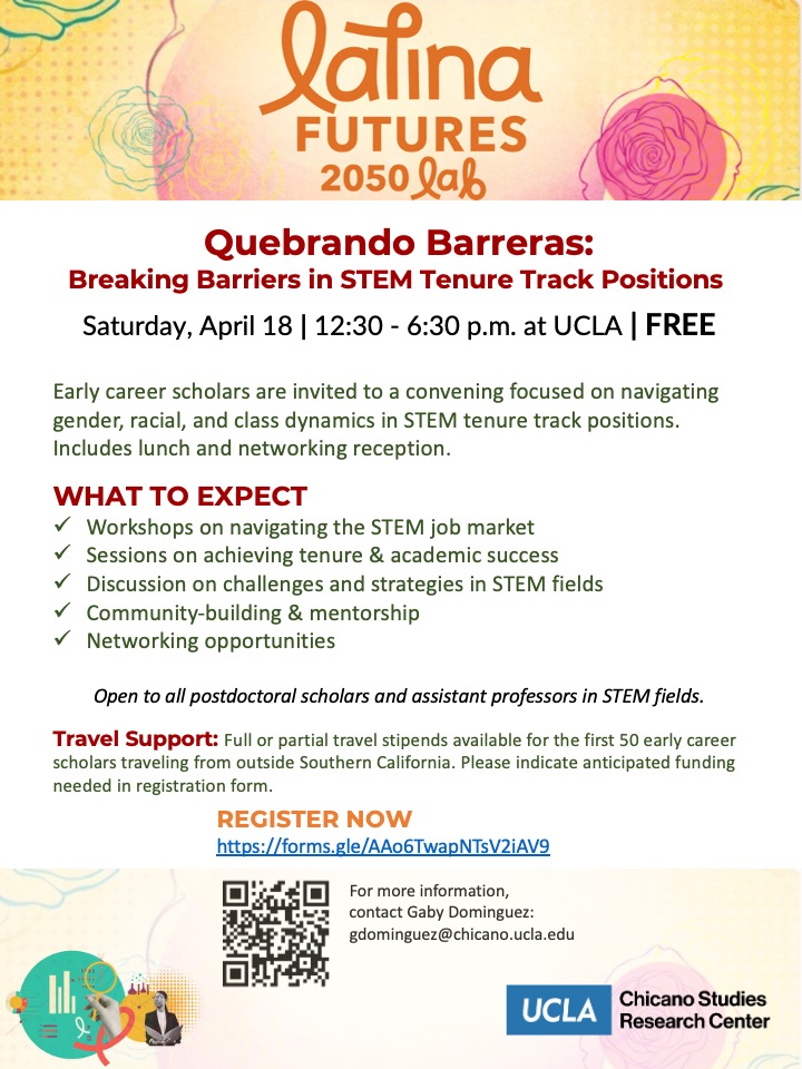Quebrando Barreras STEM event flyer with colorful floral graphics, event details, logos, and a QR code.