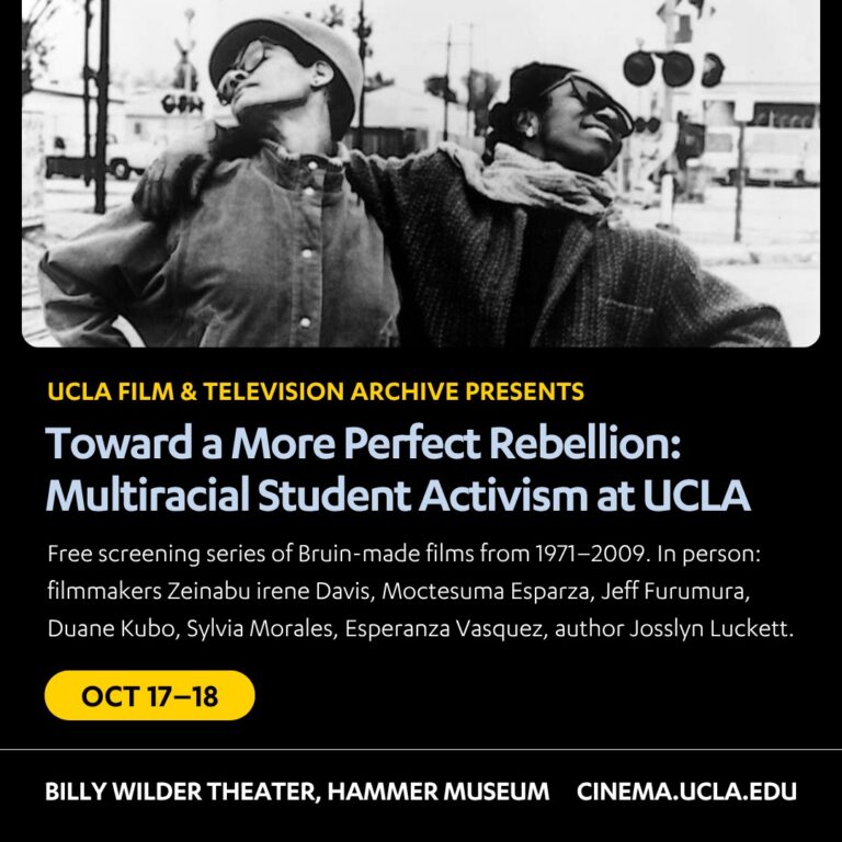 Black and white film still of two women with their arms around each other, looking upward, with details for the Multiracial Student Activism series.