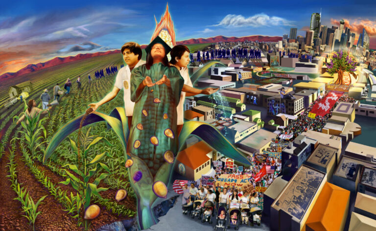 Colorful illustration showing three people surrounded by farmland, buildings, and the Los Angeles skyline.