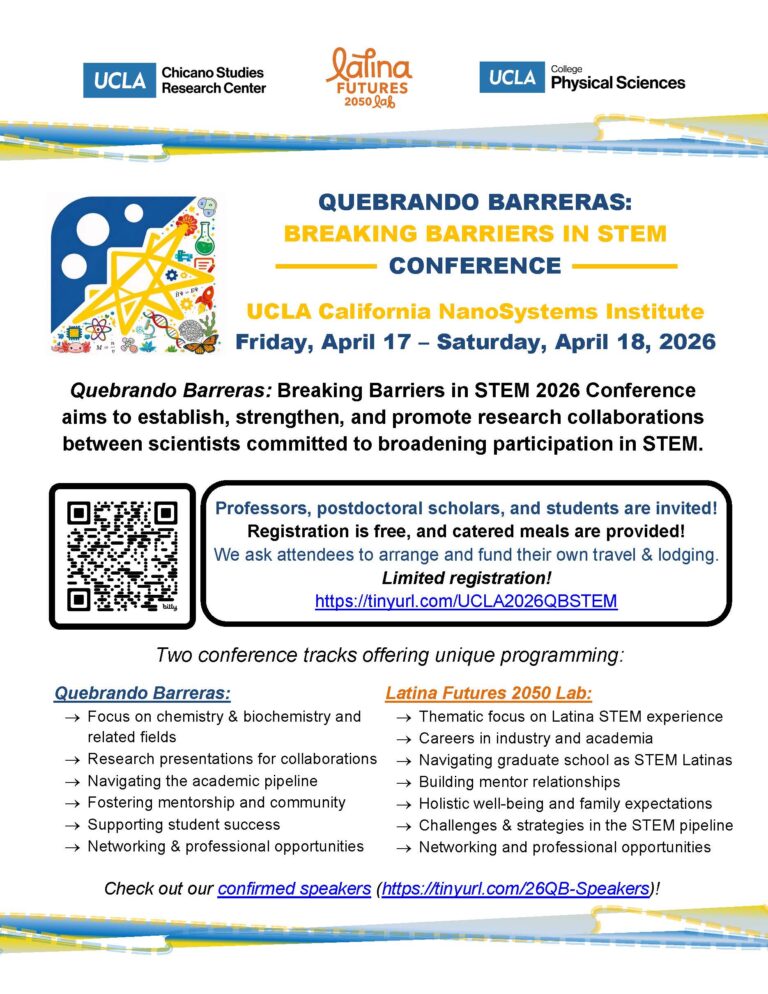 Quebrando Barreras STEM event flyer with event details, logos, geometric designs, and a QR code.