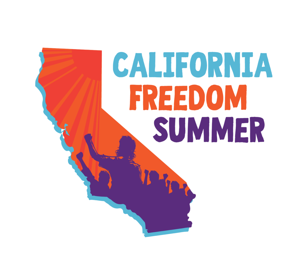 California Freedom Summer logo with a colorful California outline, illustrated sun rays, silhouettes of people raising their fists, and colorful text.