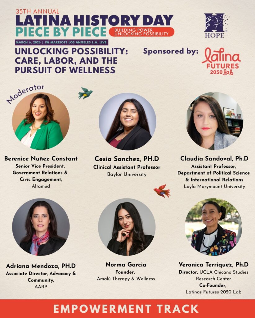 Latina History Day flyer showing the six speakers in six circular photos and details for the "Unlocking Possibility" panel.