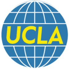 UCLA logo in yellow text across a blue globe with white grid lines on a white background.