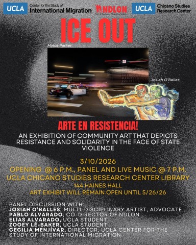 ICE Out exhibition flyer with a nighttime photo of a cop car speeding, plus illustration of two people holding their arms out in resistance.
