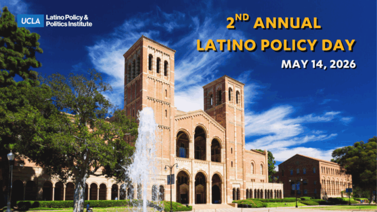 2nd Annual Latino Policy Day event flyer showing Royce Hall under a blue sky with trees and a fountain in front.