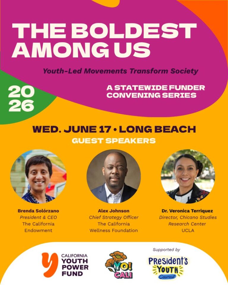 Orange and pink colorful event flyer with three speaker photographs, event details, and organization logos.