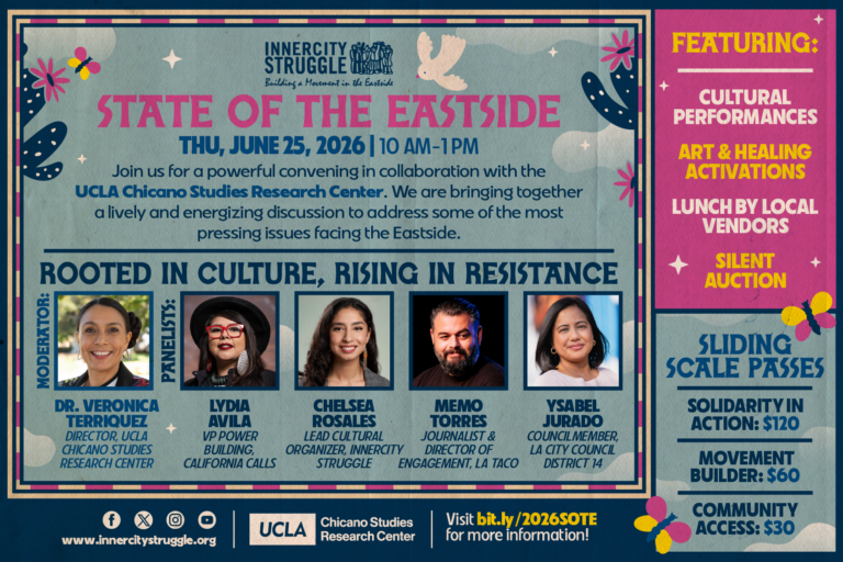Colorful State of the Eastside event flyer with five speaker photographs and event details.