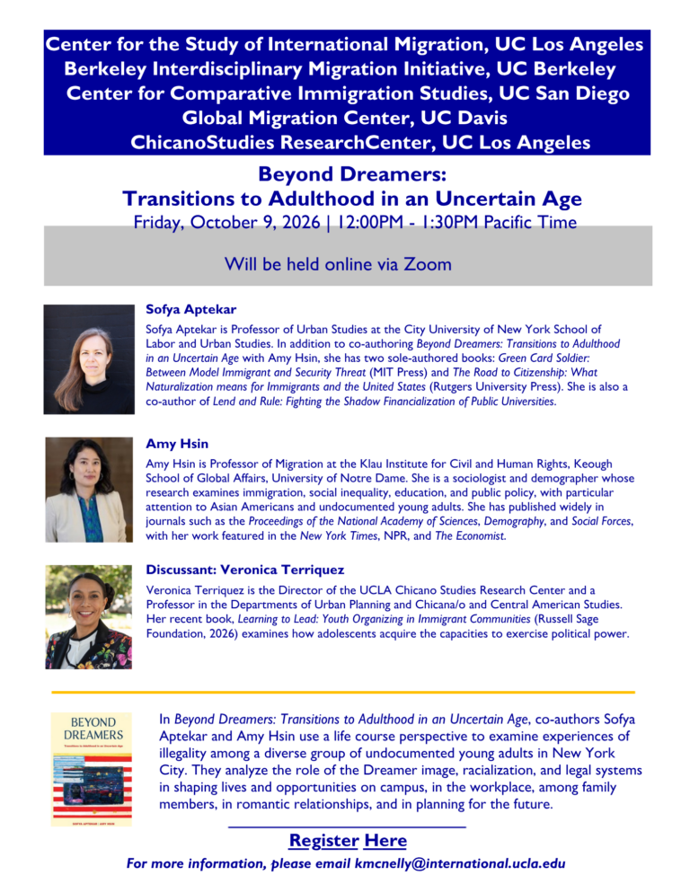 White event flyer with a blue header, three speaker headshots and bios, a Beyond Dreamers book cover, and details about undocumented young adults.