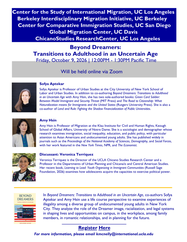 White event flyer with a blue header, three speaker headshots and bios, a Beyond Dreamers book cover, and details about undocumented young adults.