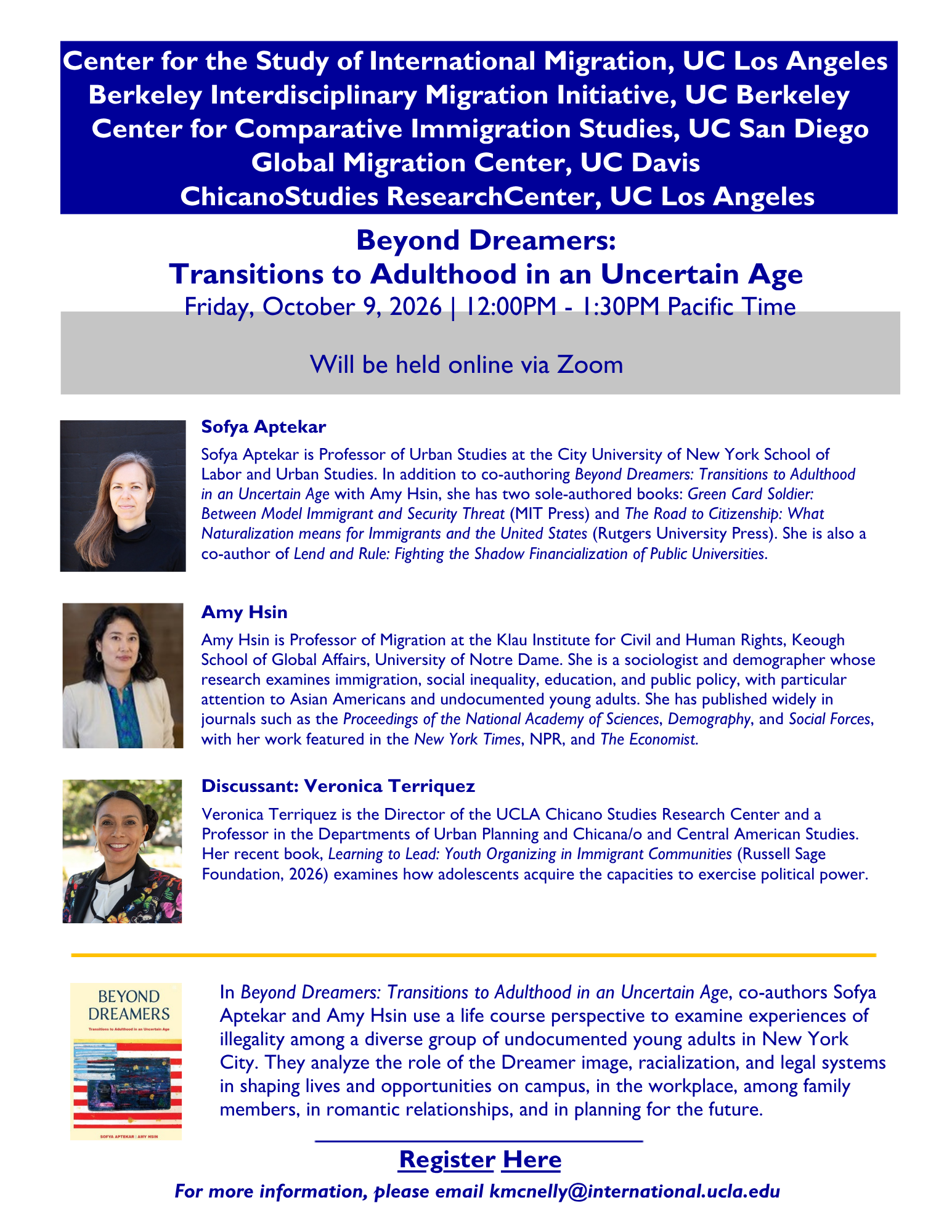 White event flyer with a blue header, three speaker headshots and bios, a Beyond Dreamers book cover, and details about undocumented young adults.