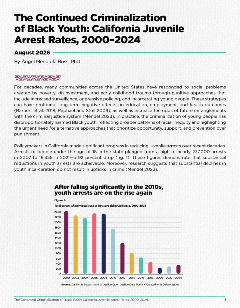 Research report cover showing text about California juvenile arrest rates and a colorful bar chart of youth arrests from 2000-2024.