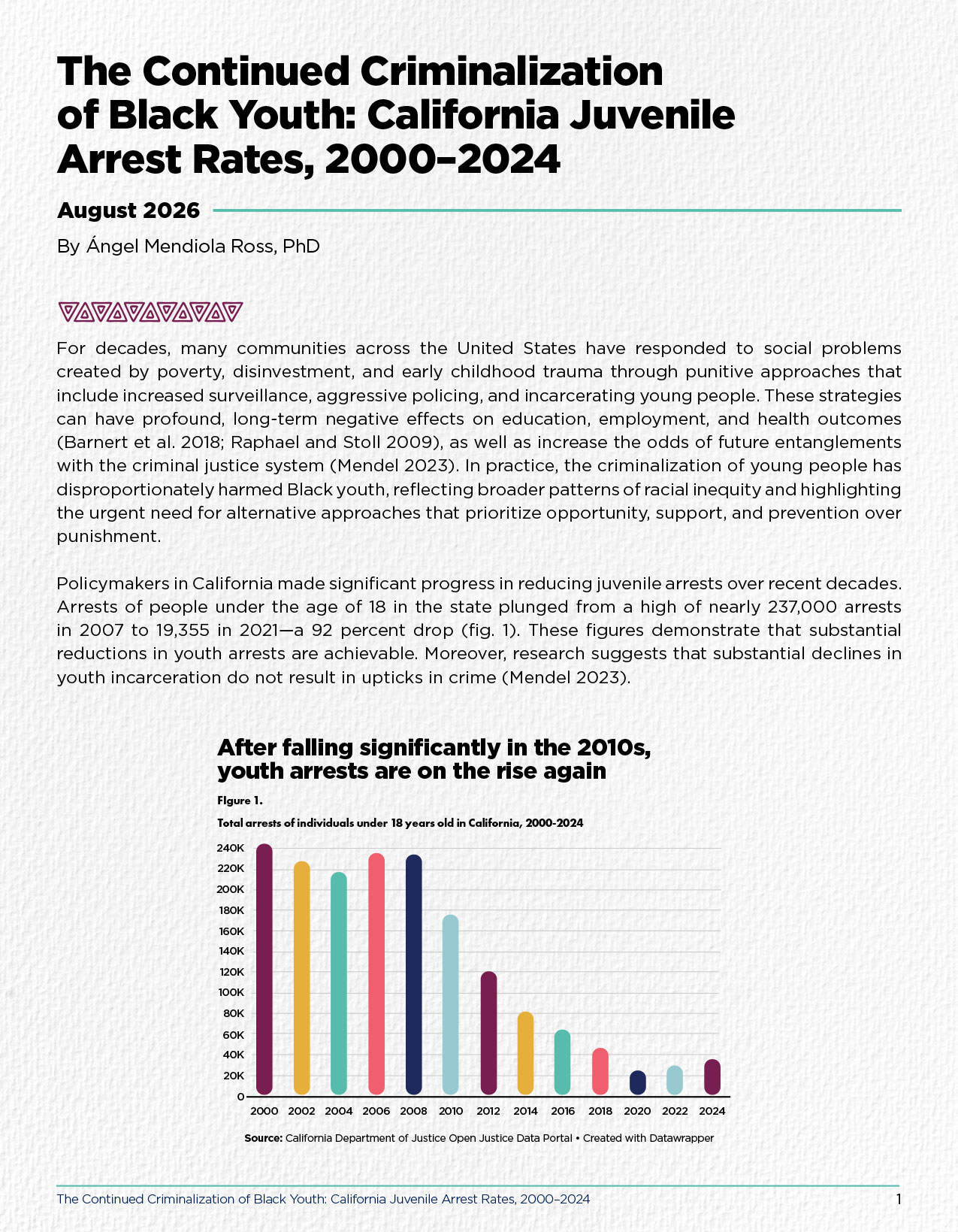 Research report cover showing text about California juvenile arrest rates and a colorful bar chart of youth arrests from 2000-2024.