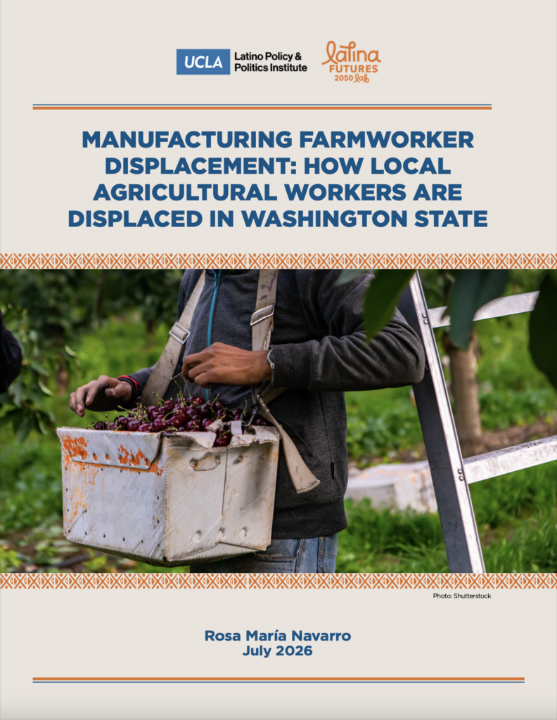 Report cover with photograph of farmworker's torso and carrying a container of freshly picked cherries. Foliage and a ladder is in the background.